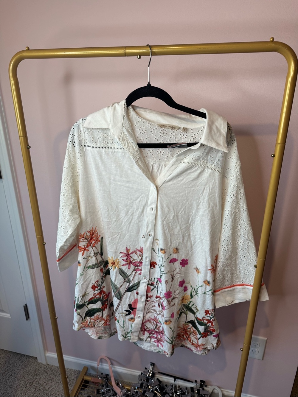 Women's White Floral Button-Eyelet Shirt